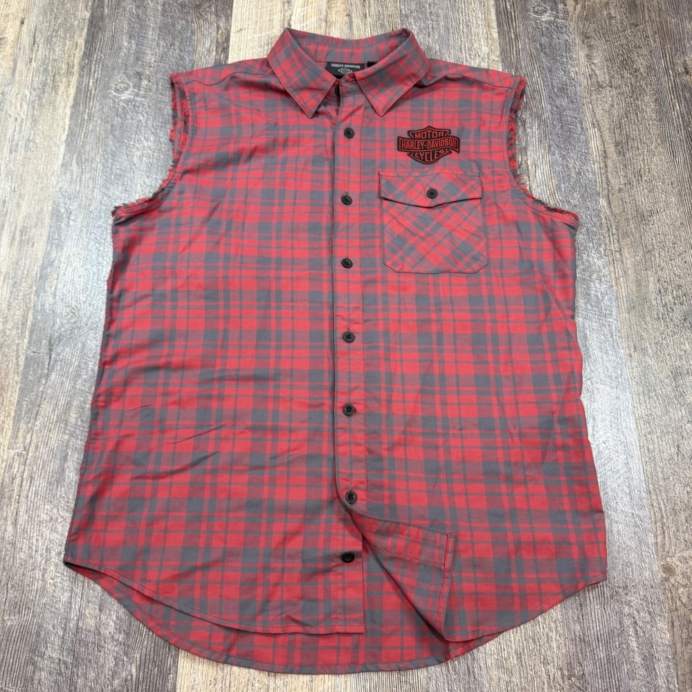 Harley-Davidson Sleeveless Button Down Shirt Mens Large Red Plaid Biker Logo